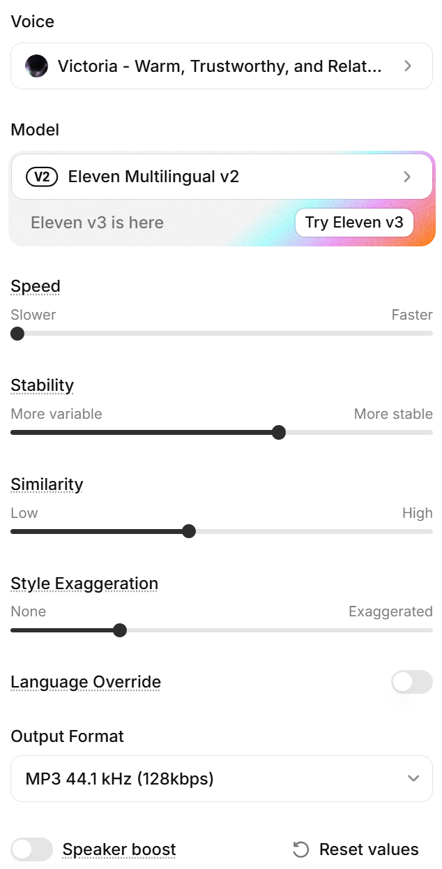 ElevenLabs settings panel: Victoria voice, Eleven Multilingual v2 model, and the speed, stability, similarity and style exaggeration sliders